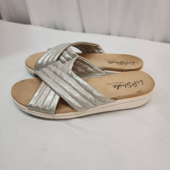Life Stirde Size 10 Panama Metalic Silver Cross Strap Slide Comfy Sandals - Picture 4 of 7